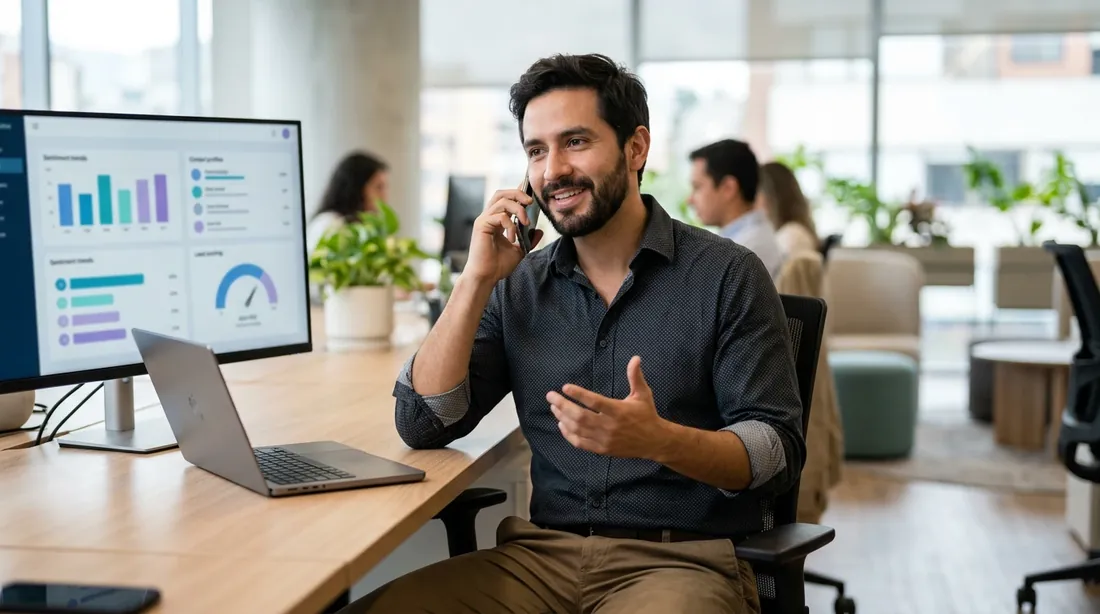 Agente de atención al cliente con auriculares frente a la computadora