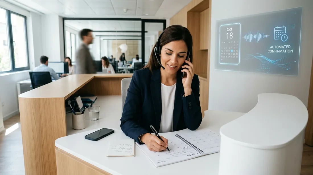 Recepcionista atendiendo el teléfono con auriculares
