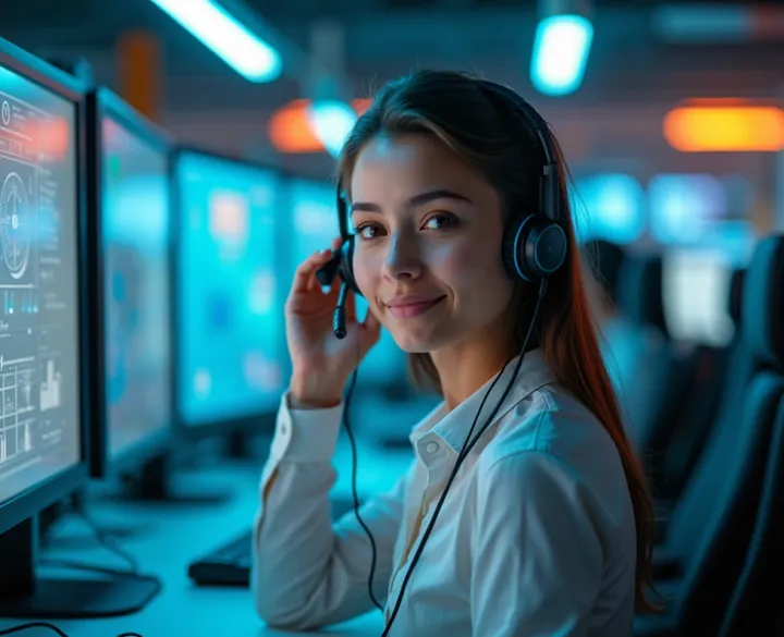 Mujer con auriculares en un centro de llamadas iluminado con pantallas