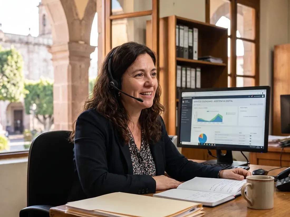 Empleada municipal con auriculares atendiendo a un vecino desde su escritorio