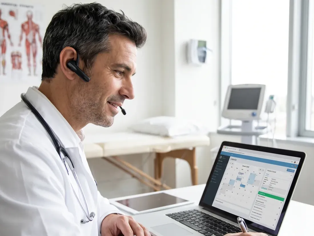 Médico en su consultorio hablando por auricular mientras revisa su agenda en la laptop
