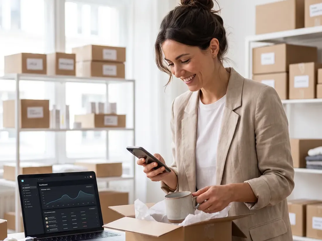 Emprendedora de comercio electrónico revisando pedidos en el celular entre cajas de envío