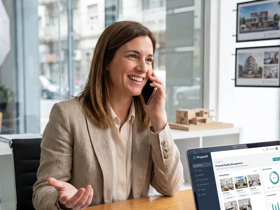 Agente inmobiliaria hablando por teléfono frente a una laptop con propiedades