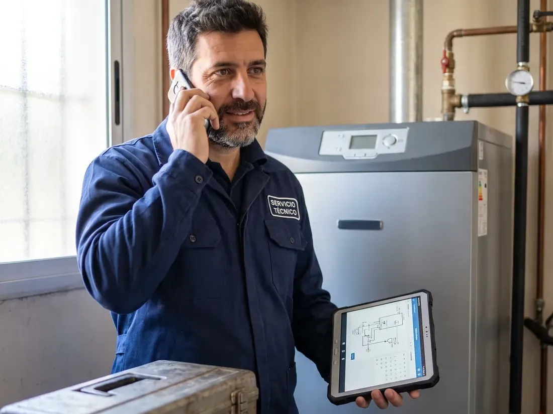 Técnico de servicio hablando por teléfono junto a una caldera, con una tablet en la mano