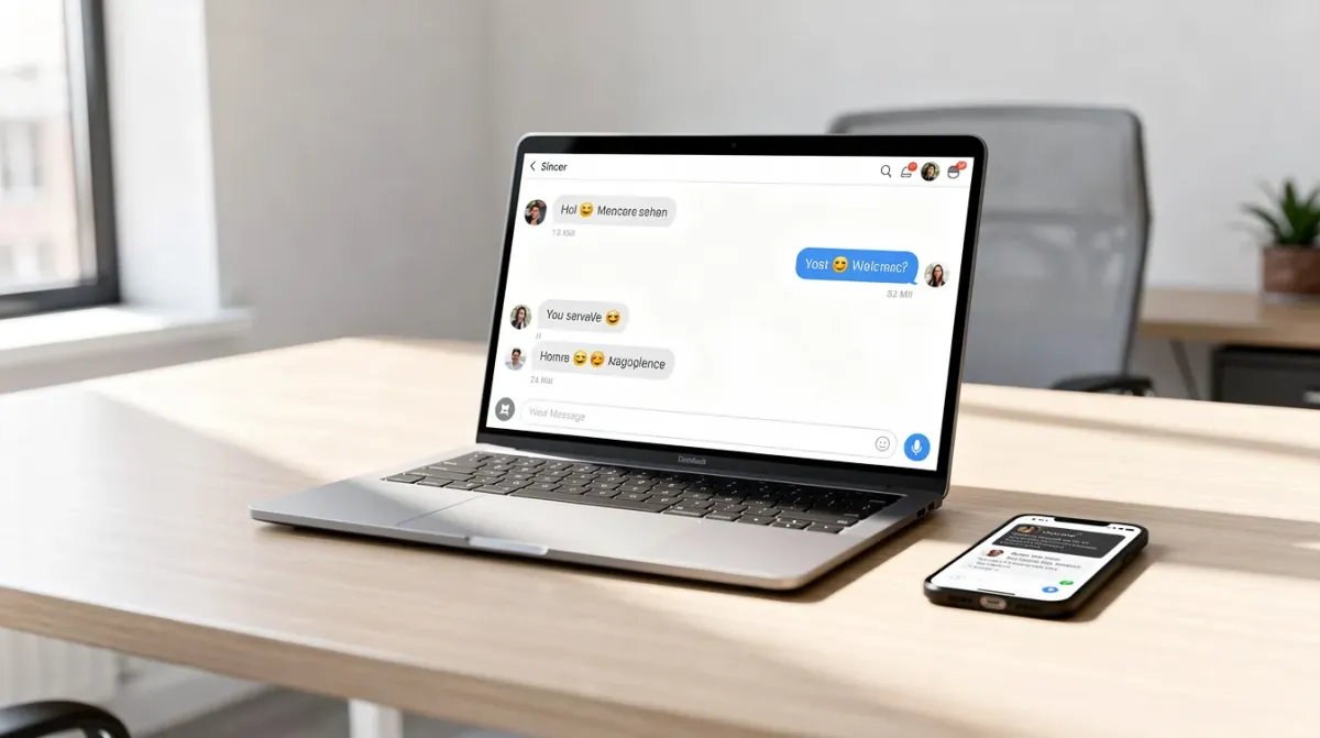 Una oficina moderna con un espacio de trabajo que incluye un laptop mostrando una interfaz de conversación y un smartphone