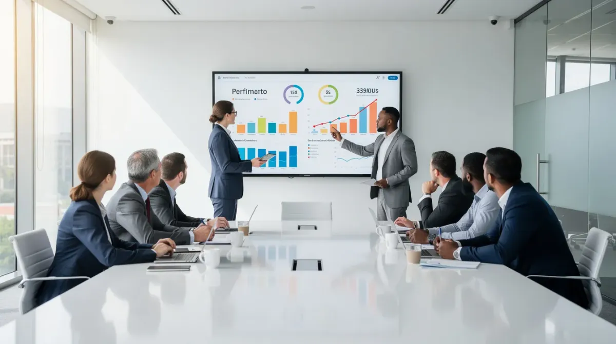 Un equipo de profesionales de negocios observa datos en una pantalla grande dentro de una sala de reuniones luminosa