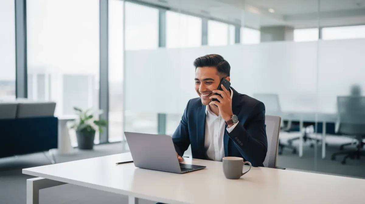 Una persona sonriente habla por teléfono en un moderno entorno de oficina, representando la interacción en un call center.