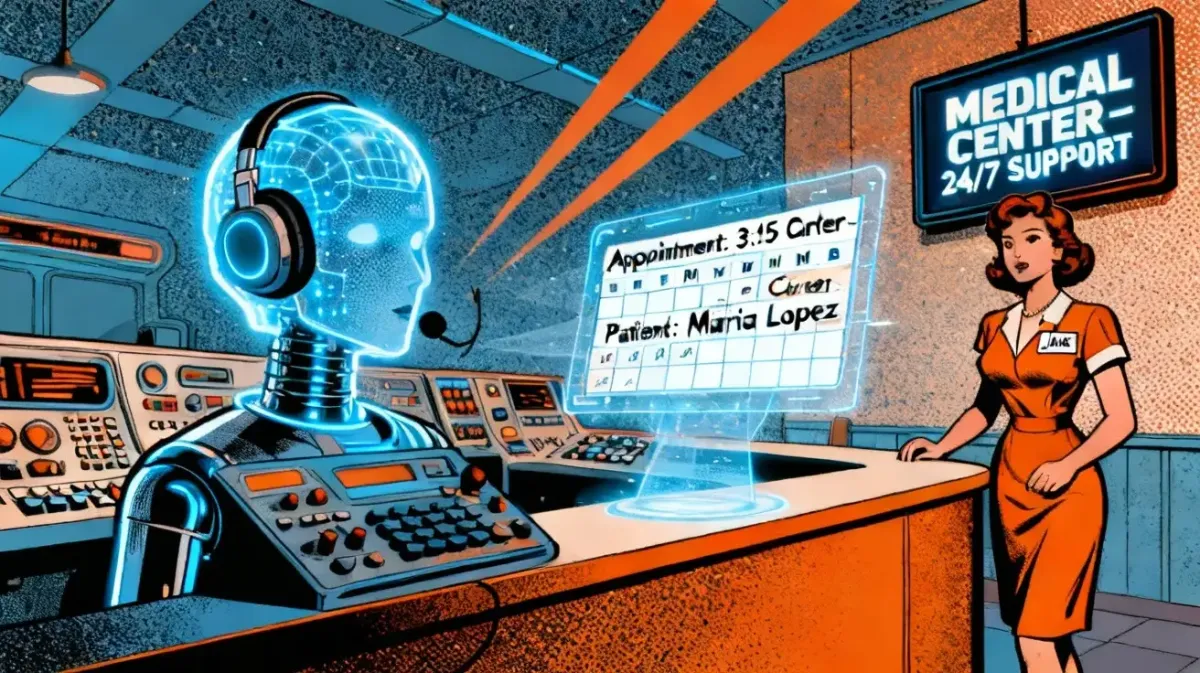 Ilustración paso a paso: asistentes de voz IA programando citas médicas