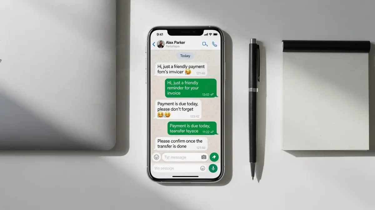 Una imagen de un smartphone que muestra una conversación de WhatsApp con mensajes de recordatorios de pago