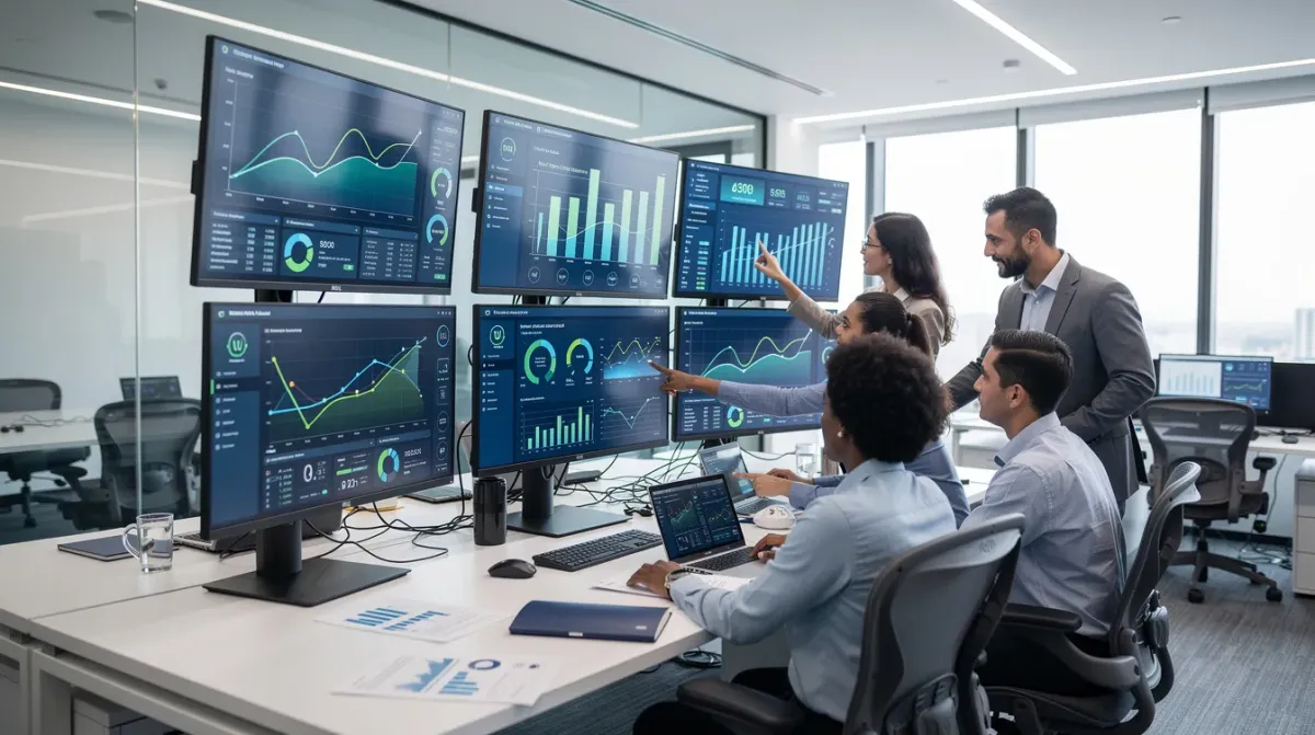 Un equipo de profesionales se encuentra en una oficina analizando datos en grandes monitores que muestran gráficos