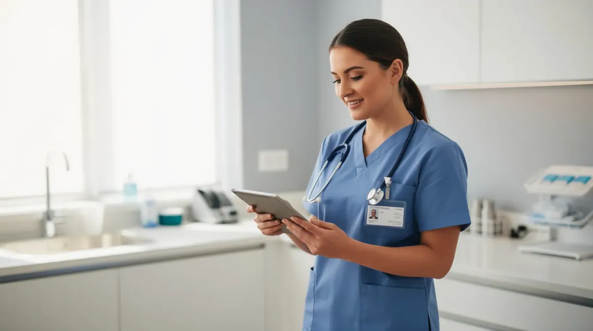 Un profesional de la salud está revisando información en una tablet dentro de una clínica moderna y luminosa