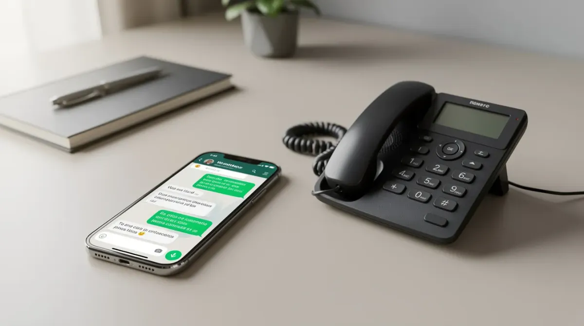 La imagen muestra un smartphone con una conversación activa de WhatsApp, junto a un teléfono de oficina