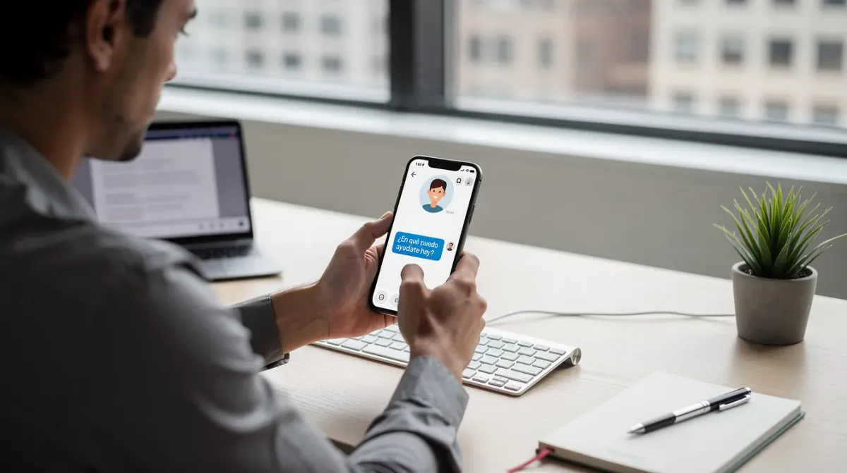 Una persona está interactuando con un asistente virtual en la pantalla de su smartphone mientras trabaja en un moderno