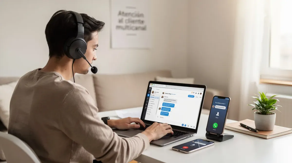 Una persona trabaja desde casa utilizando auriculares, frente a un portátil y un teléfono móvil