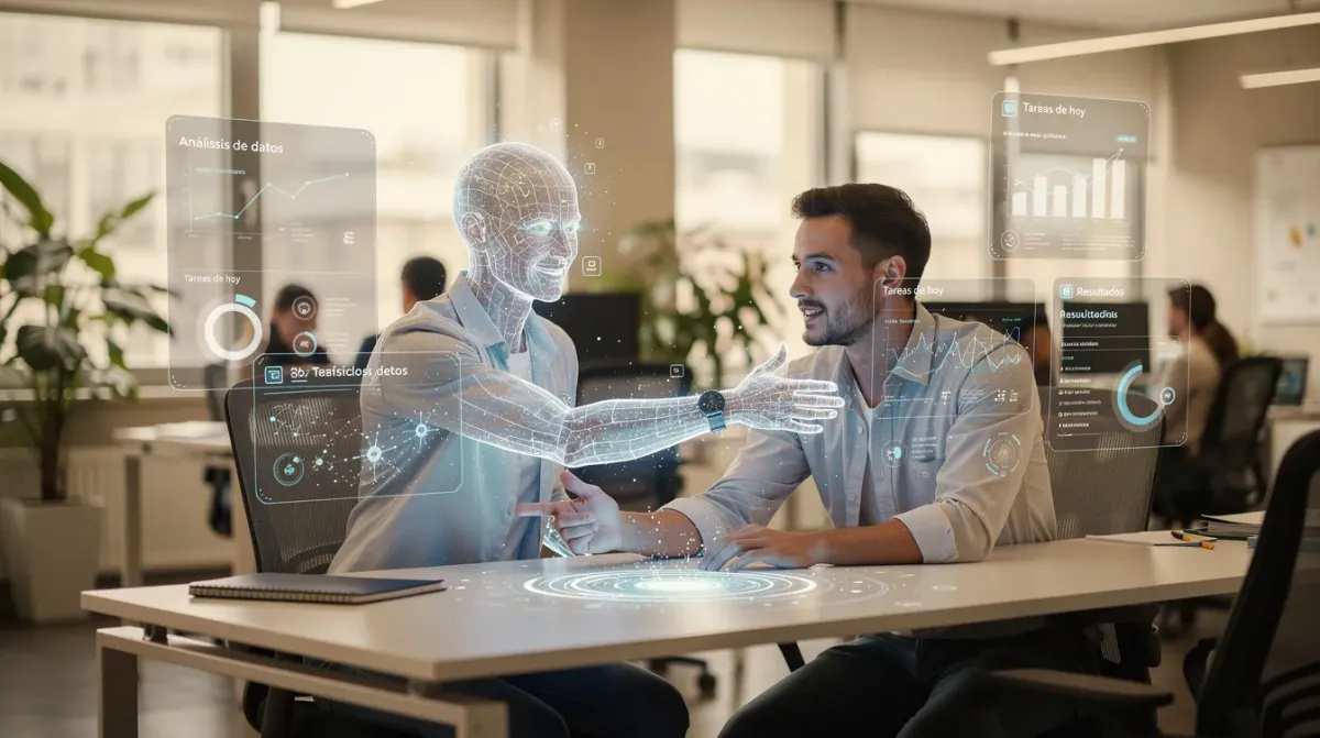 La imagen muestra a un asistente virtual de inteligencia artificial colaborando con un agente humano en una oficina moderna