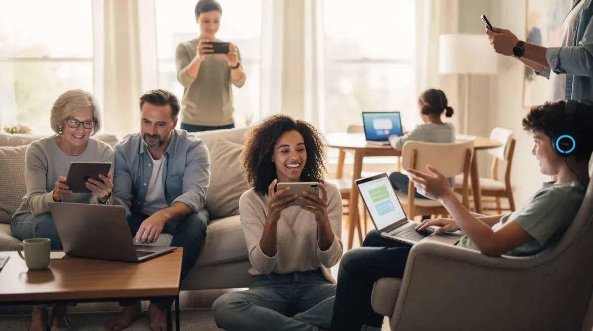 La imagen muestra a un grupo diverso de personas de diferentes edades utilizando dispositivos como teléfonos