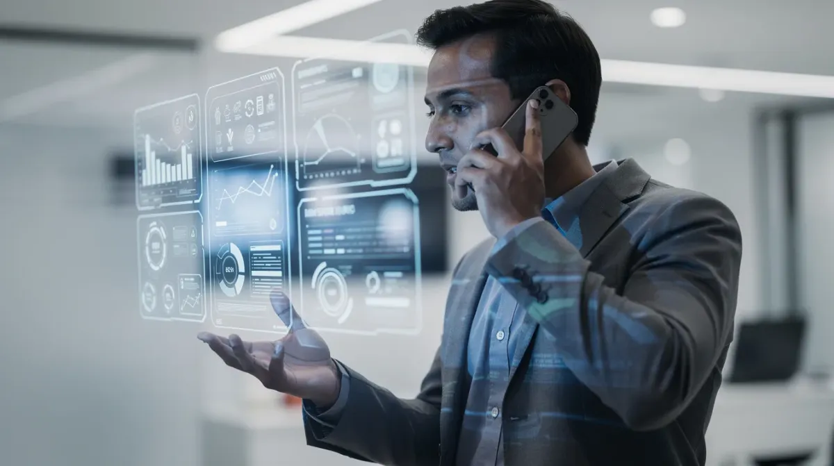 Una persona está hablando por teléfono mientras interactúa con una interfaz digital holográfica que muestra datos y gráficos