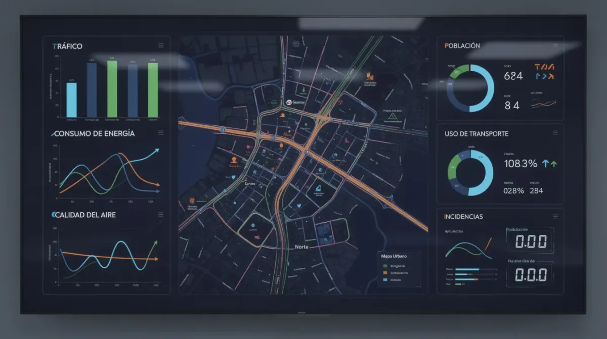 Imagen de un panel de control digital que muestra gráficos y mapas de datos urbanos