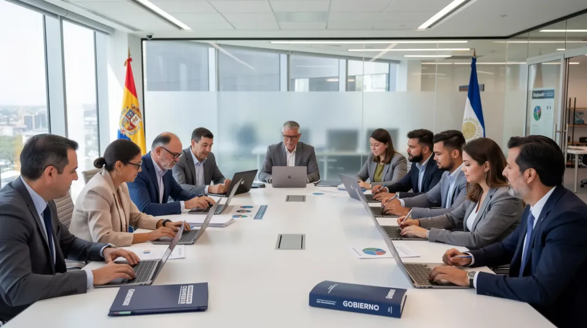 Imagen de un grupo de personas colaborando alrededor de una mesa en una oficina gubernamental moderna