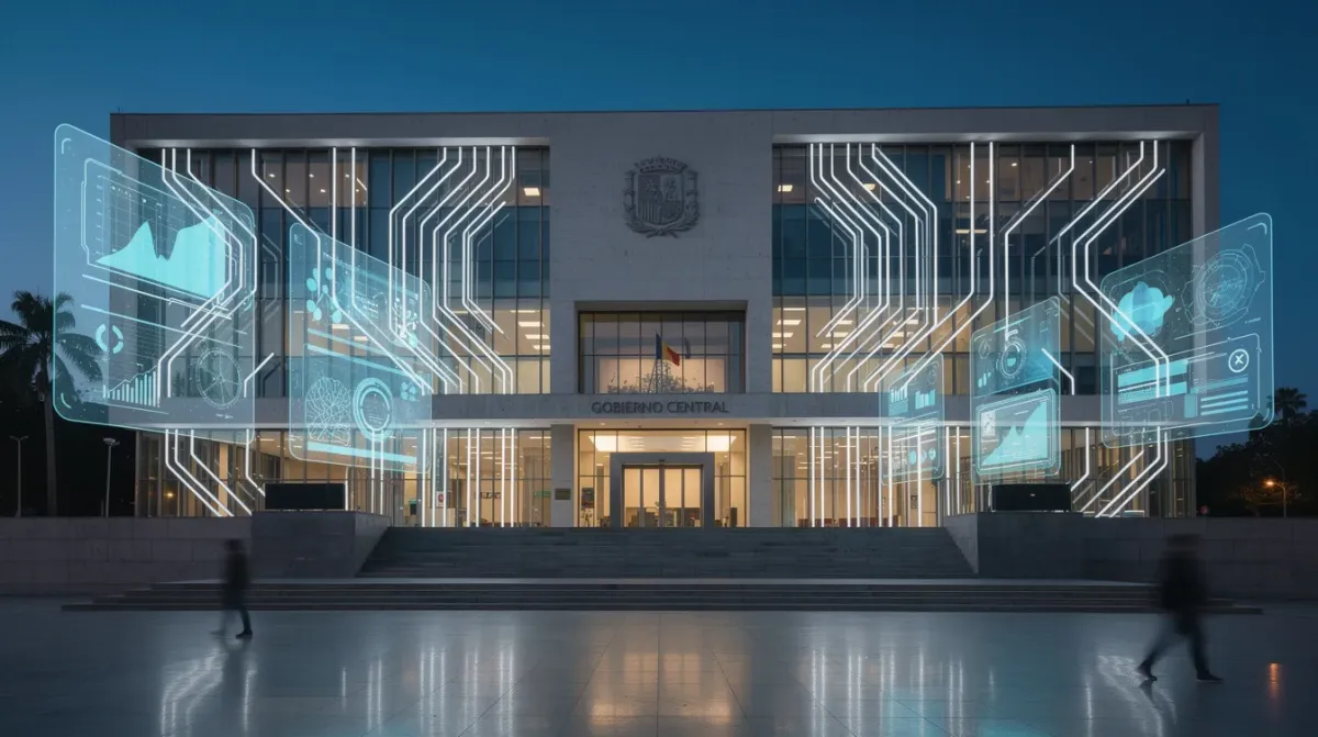 Imagen de un edificio gubernamental moderno, con una fachada que incorpora elementos digitales luminosos que reflejan