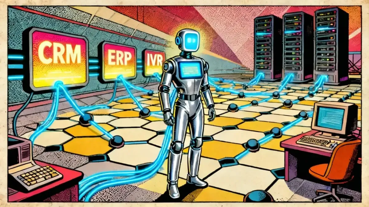 Ilustración de un asistente con IA integrado con sistemas CRM, ERP e IVR