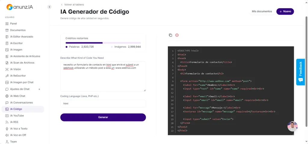 Un generador de código en Anunzi IA. Inteligencia artificial aplicada a la empresa