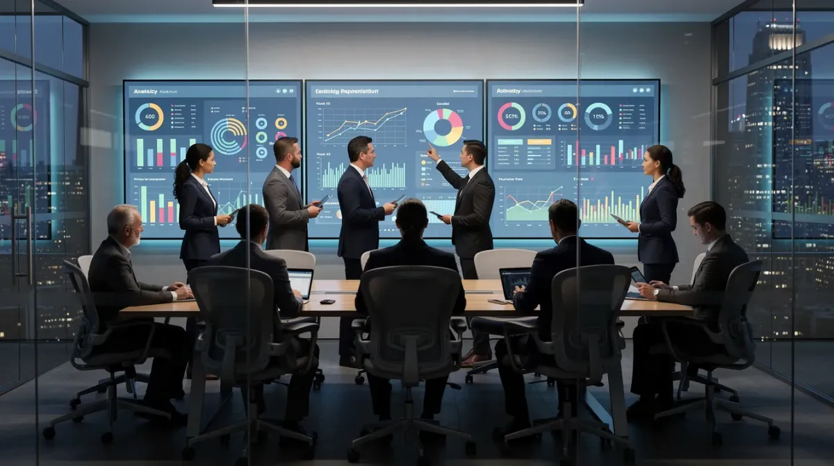 Un grupo de profesionales de negocios analizando información en pantallas grandes