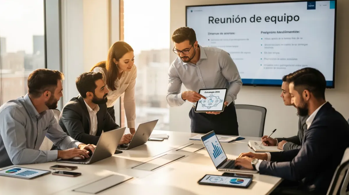 Un equipo de trabajo se encuentra reunido alrededor de una mesa, utilizando dispositivos tecnológicos para planificar