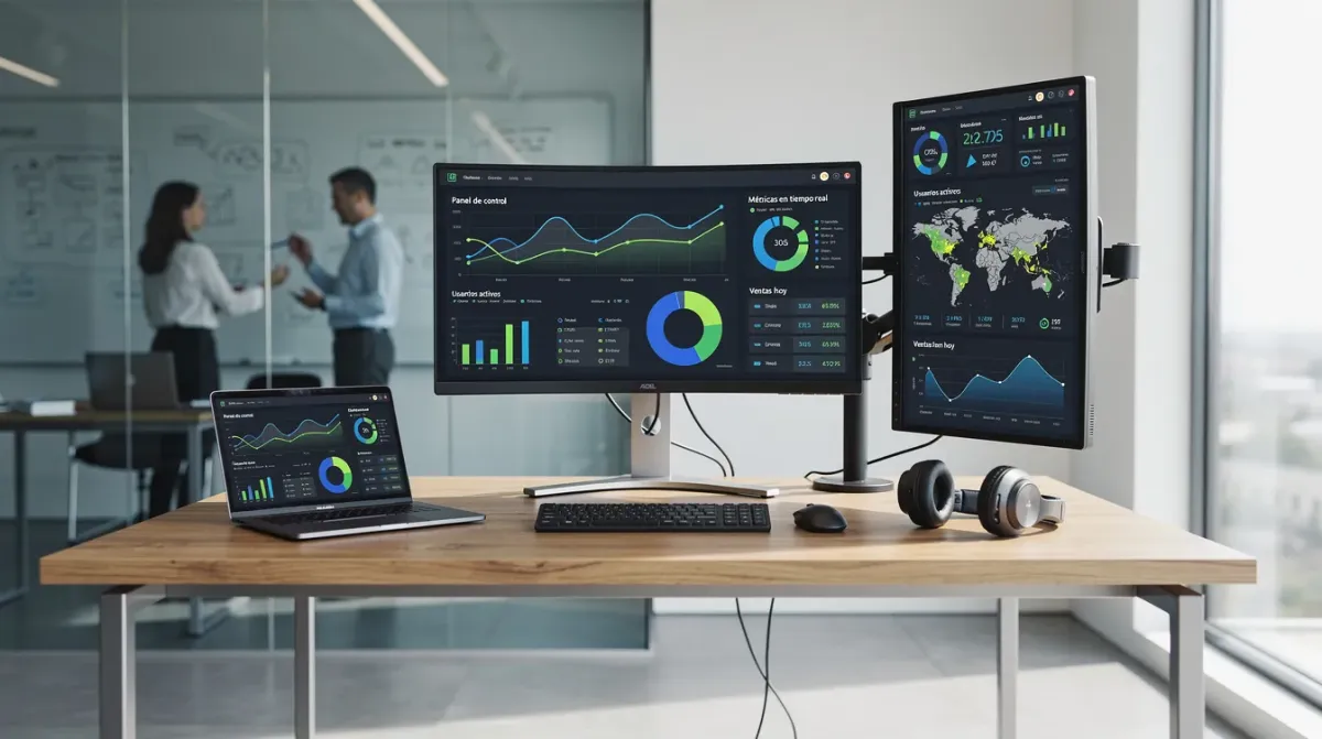 La imagen muestra un espacio de trabajo moderno con varias pantallas que exhiben dashboards de datos y métricas en tiempo