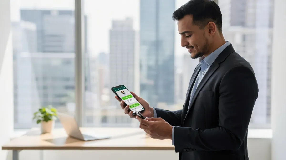 Un profesional de negocios revisa mensajes de WhatsApp en su smartphone mientras se encuentra en una oficina moderna