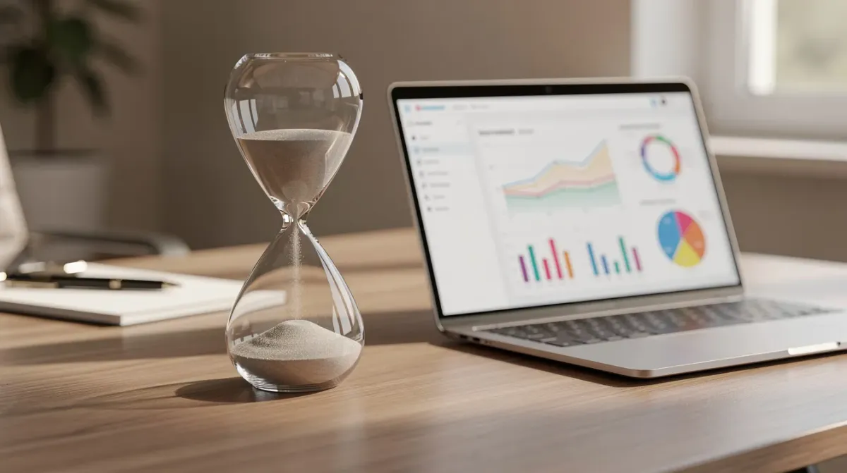 La imagen muestra un reloj de arena sobre un escritorio, junto a un laptop que presenta gráficos de análisis.